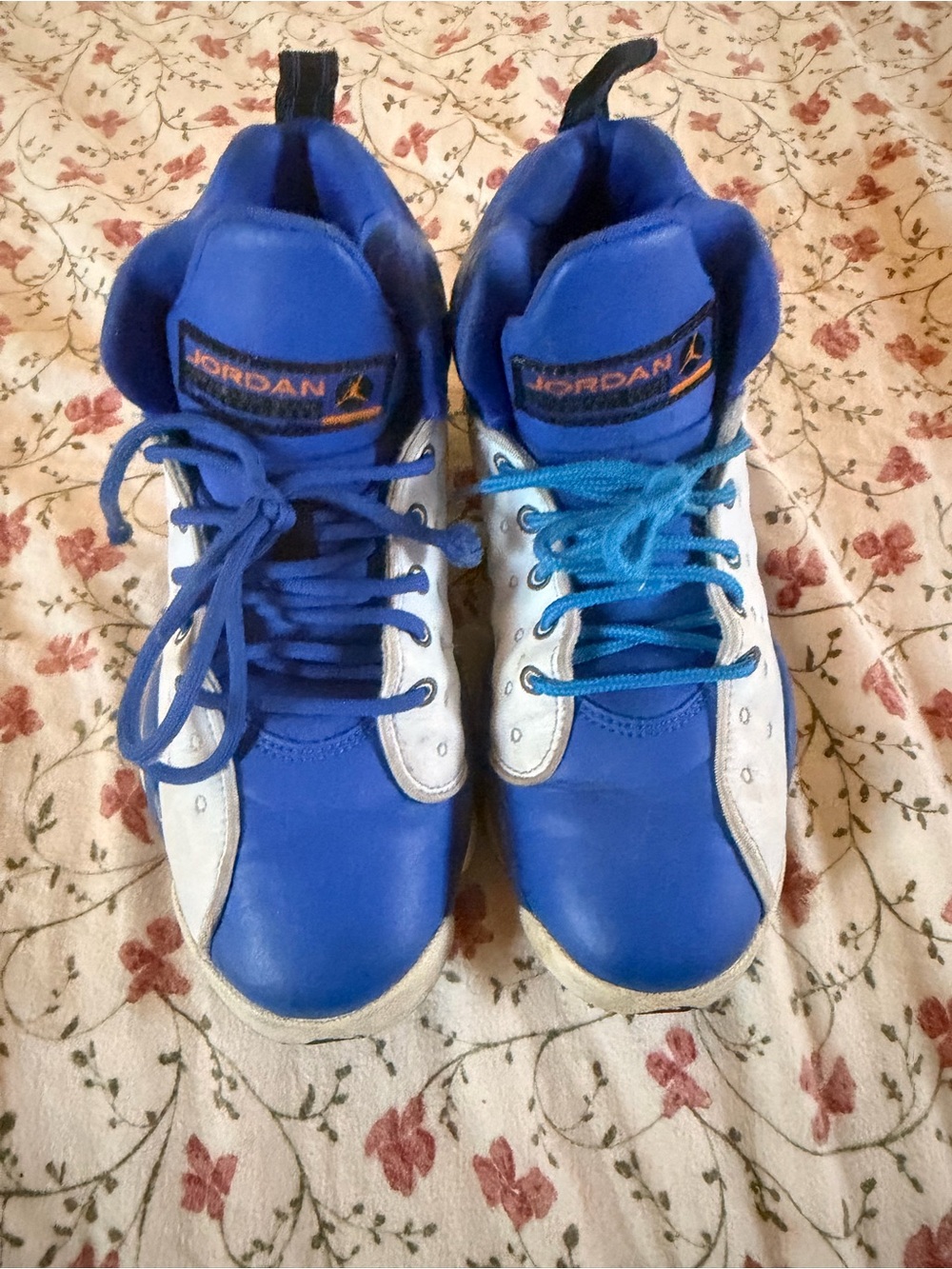 Jordan Kids Blue and White High-Top Sneakers with Orange Logo